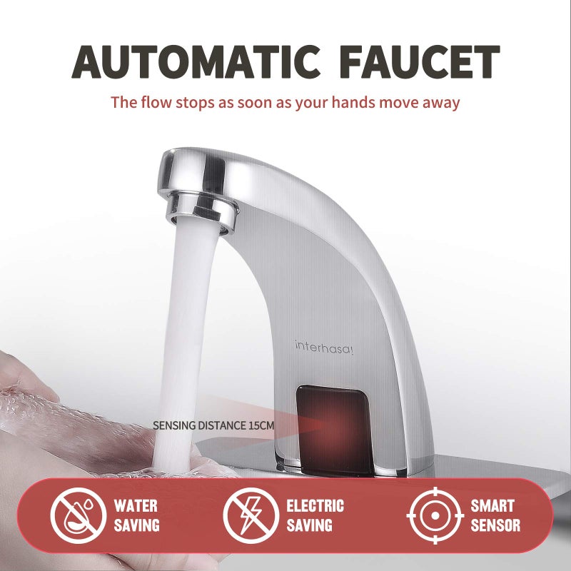 interhasa! Touchless Bathroom Faucet Chrome Automatic Bathroom Sink Faucet with Hole Cover Plate, Hands Free Bathroom Water Tap with Control Box (IT-202) - Image 2